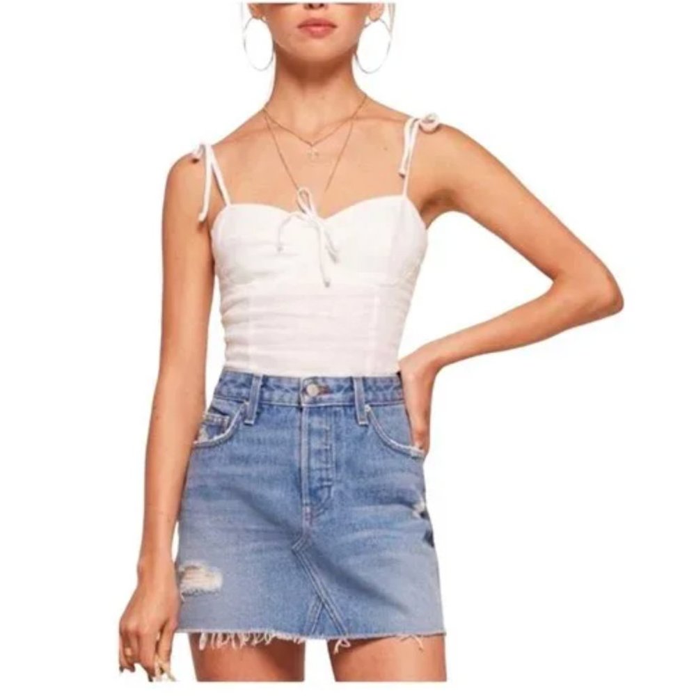 Reformation Distressed Raw Hem Demin Skirt